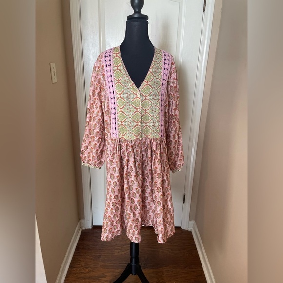 ZARA Rosie Crochet Trim Printed Maxi Dress Boho Pink Prairie Cotton Size XS - Picture 2 of 10